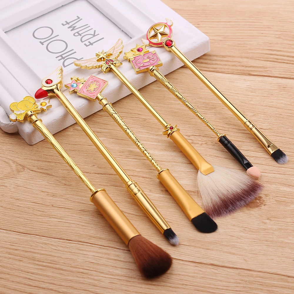 6pcs Anime Cardcaptor Sakura Moon 6pcs Makeup Cosmetic Brush Set Metal Beauty Tool Gold Lovely Loose Brush