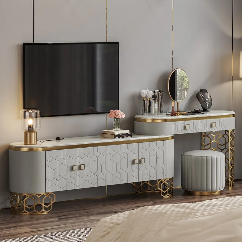 Luxury Modern Furniture Bedroom Set Dresser Golden Steel Base Makeup Vanity Dressing Table