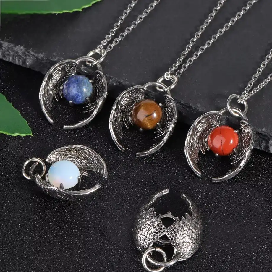 26mm Natural Gemstone Cabochon Bead Silver Metal Angel Fly Wings Pendant Stainless Steel Chain Necklace Women Crystal Jewelry