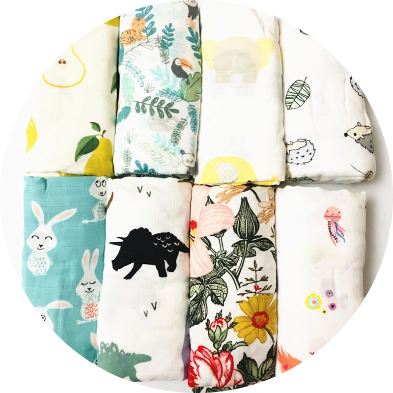 Newborn double layer blanket toddler towel Infant swaddle wraps organic bamboo cotton floral printed baby muslin blankets