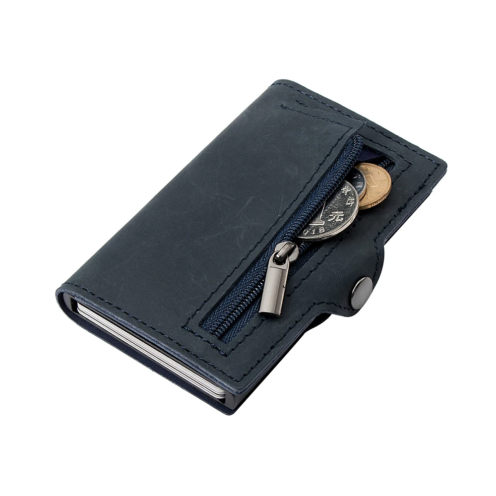 Dropshipping Custom Genuine Real Leather Metal Smart Card Holder Rfid Secure Pop Up Business Wallet with Money Strap and Zipper