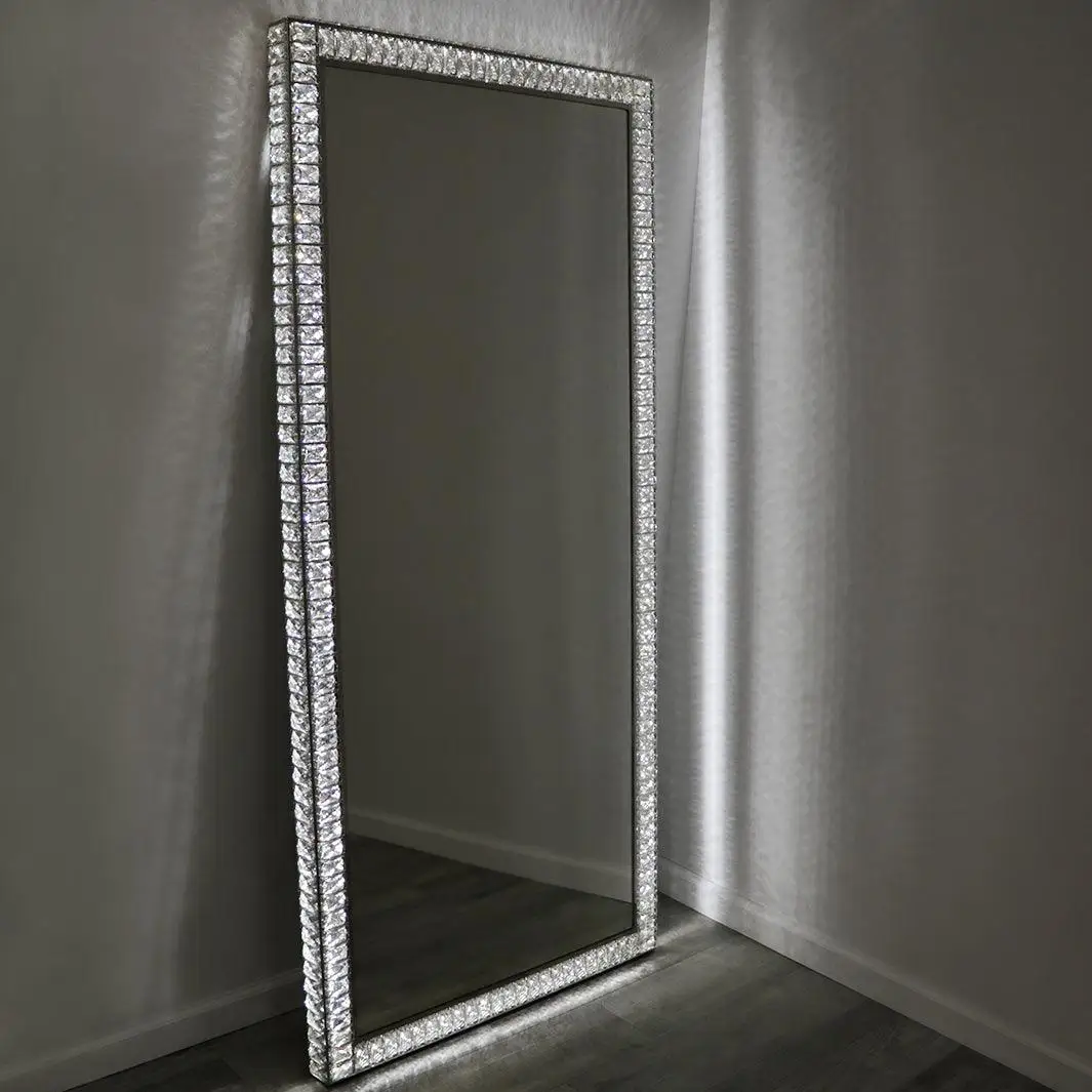 OEM Accept 3 Color Modes Crystal Wall Mirrors Home Decor Modern Led Floor Mirror Standing Large Floor Mirror
