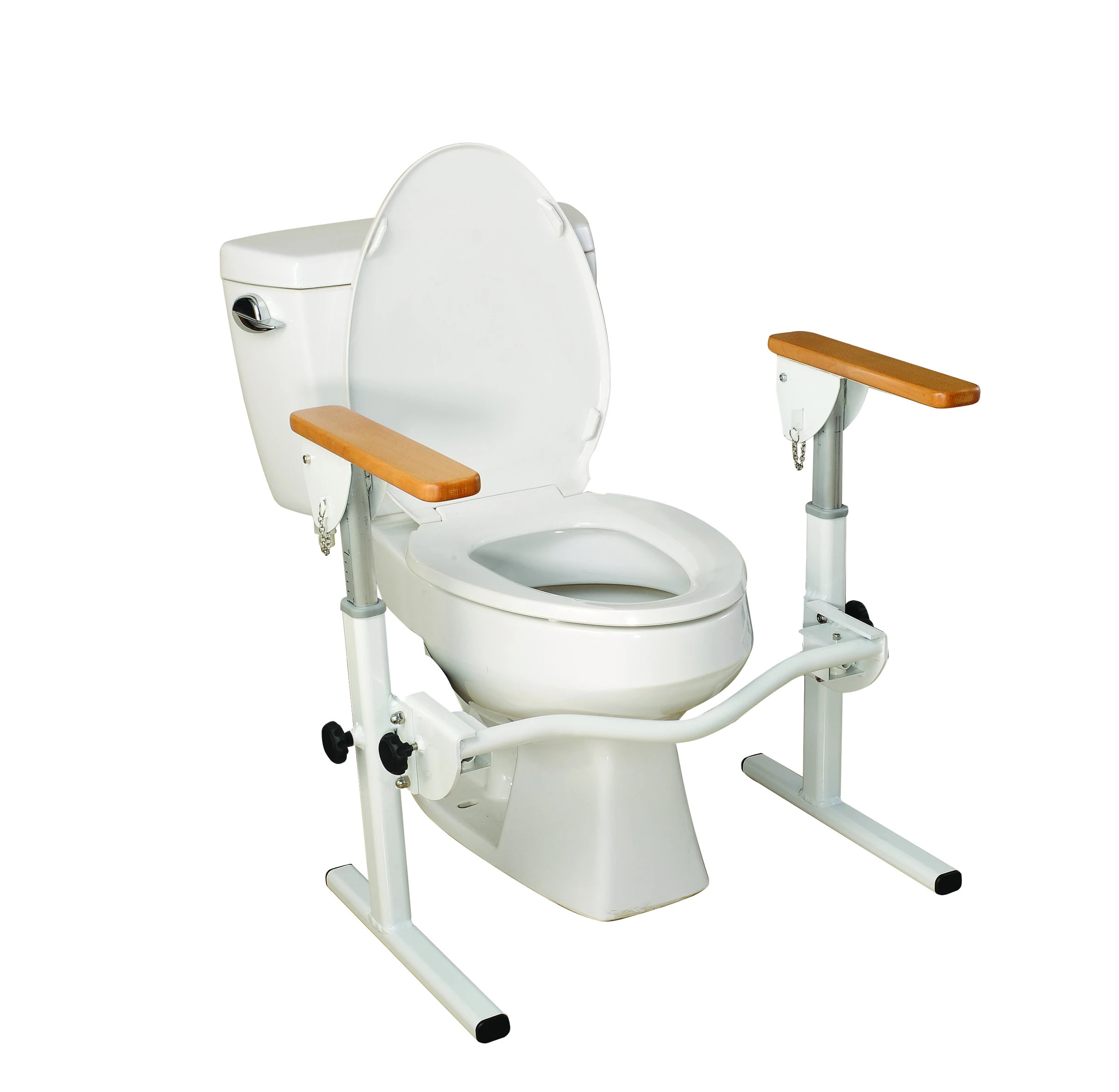 Elderly stand alone toilet folding safety frame rail white aluminum frame wood handle toilet safety rails