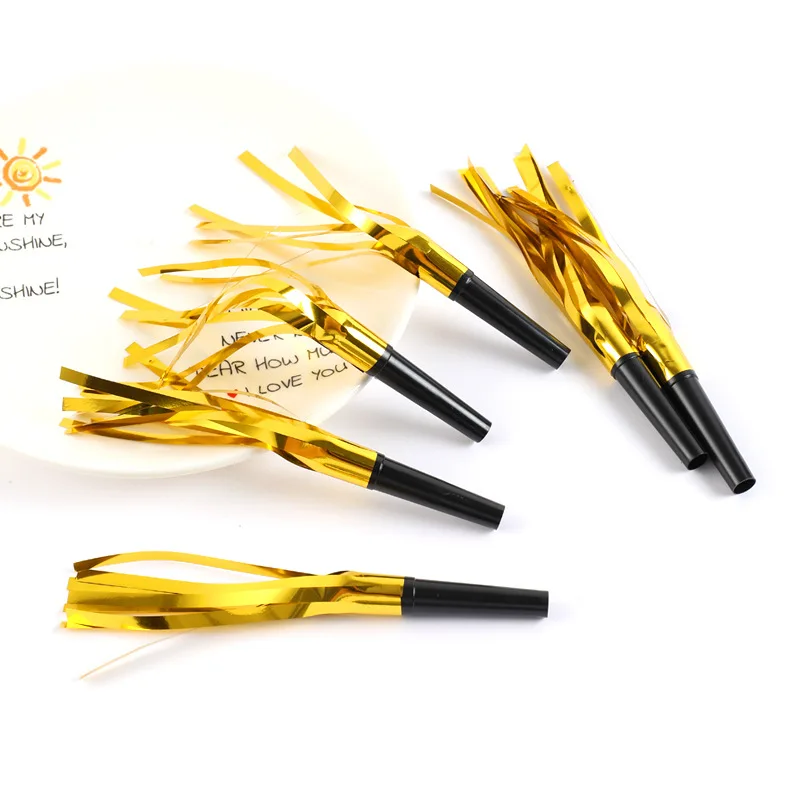 6PCS Party Blowers Whistles Blowouts Glitter Metallic Fringed Noise Makers Gold Musical Blowouts Squawker Whistles for Party