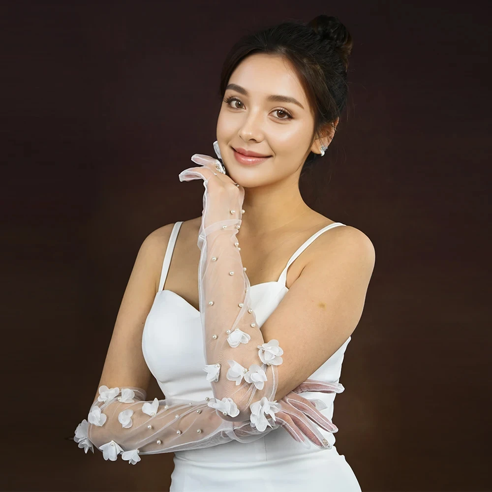 LUOXIN Elegant Women Bachelorette Party Pearls Beaded Elbow Covers Arms Sleeves Long Bride Gloves