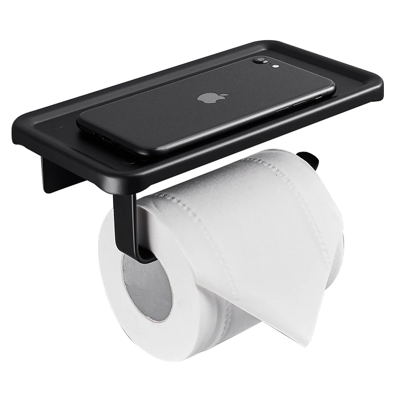 Алюминиевый промышленный настенный держатель для салфеток Sanga, черный держатель для туалетной бумаги в ванную комнату с полкой для телефона (1600382103702)