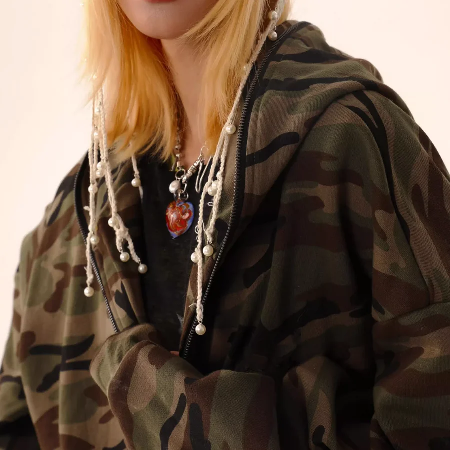 Vintage Streetwear Unisex Camouflage Hoodie Custom 100% Cotton Oversized Men Women Camouflage Zip Up Hoodie