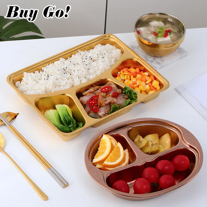 Titanium Coated Gold 304 Stainless Steel Compartments Lunch Tray School Fast Food Canteen Divided Dinner Plates with lid