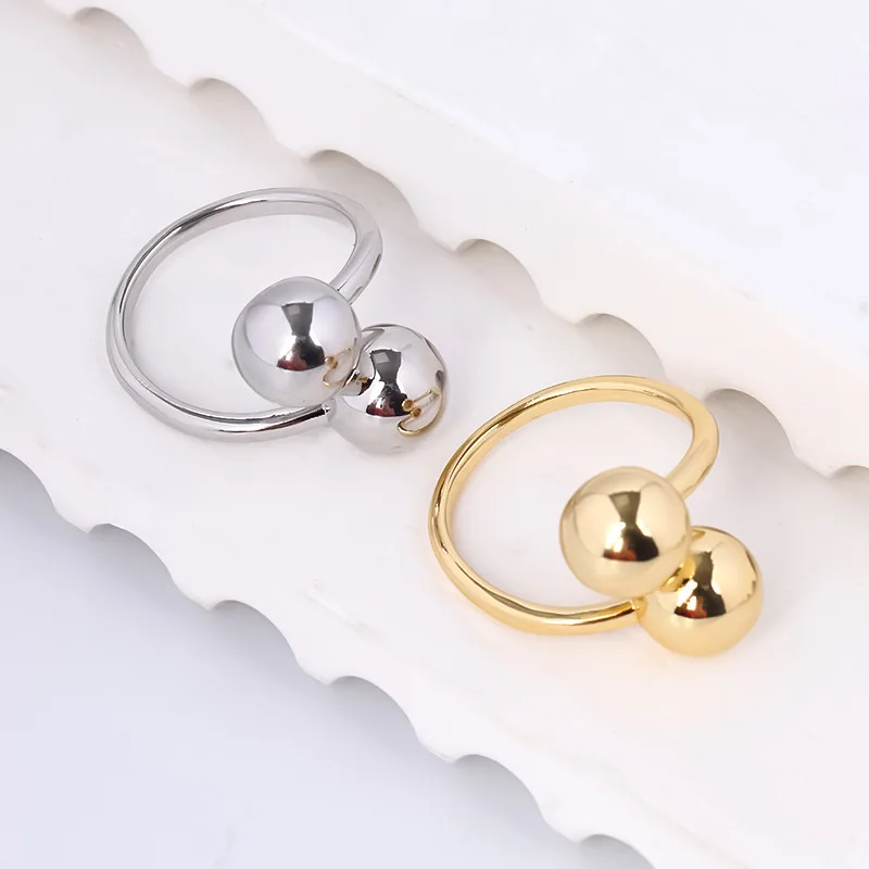 Fashion Gold Plated Open Size Metal Double Ball Finger Rings For Women Lady Gift