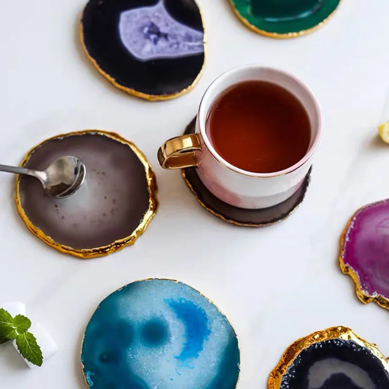 Multi-colored Golden Covered Edge Rounded Agate Slice Coaster Crystal Tea-cup Cushion For Decoration