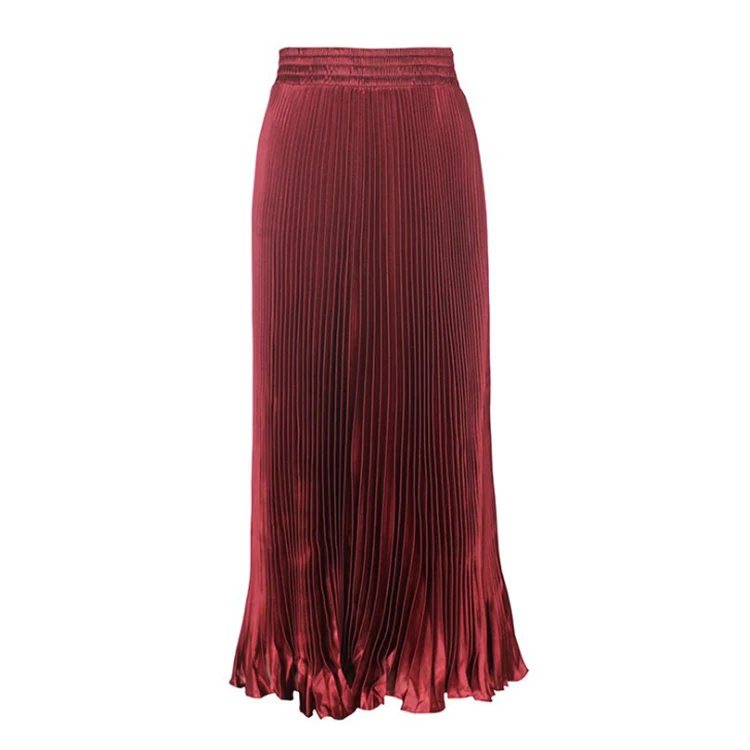 Solid floor length 100cm women long maxi pleated satin skirt