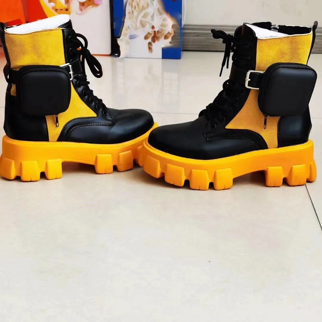 Autumn Big Size Anti-slip Thick Sole Lace Up Women Boots Buckle Round Toe Ankle Boots For Lady Platform Pocket Ornament Booties