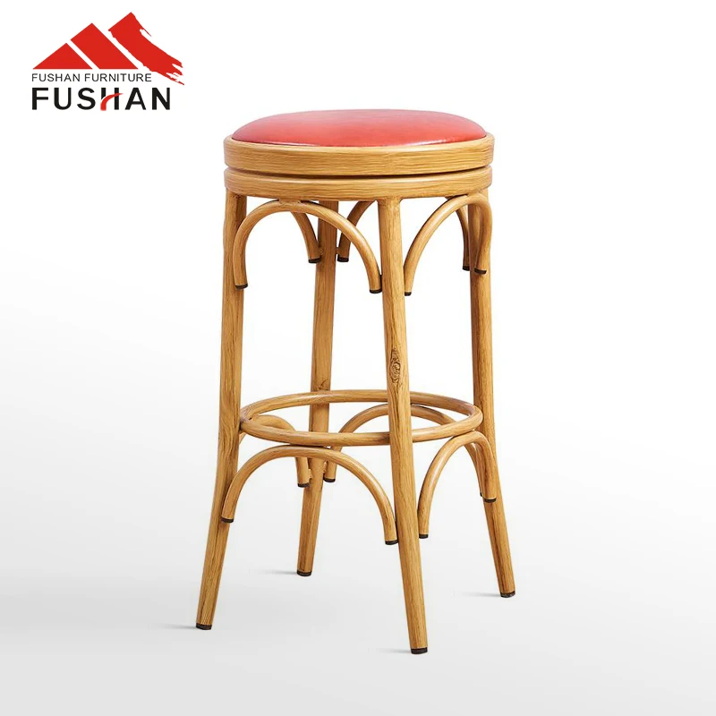 Wholesale Round Cross Cane Seat Stools Modern Bar Chair Bistro Wood Restaurant Furniture Product PU Seating Bar Stool High Chair