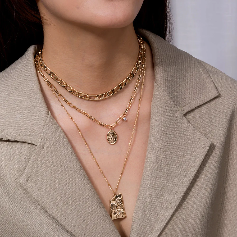 
European and American fashion gold plating religious layered necklace 