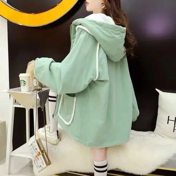 H41085 Add fleece and thick two wear quilted hoodie coat fashion Korean version loose design feeling quilted coat