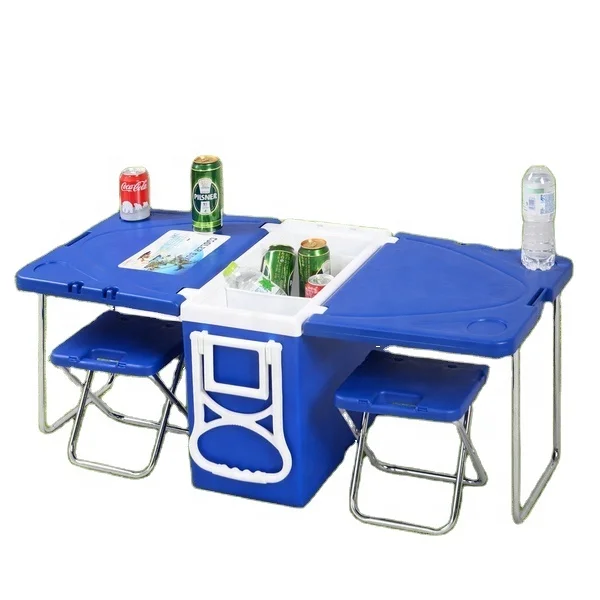 Blue Multifunction Plastic Table Cooler Box 28L Ice Chest Cooler With Wheels Chairs