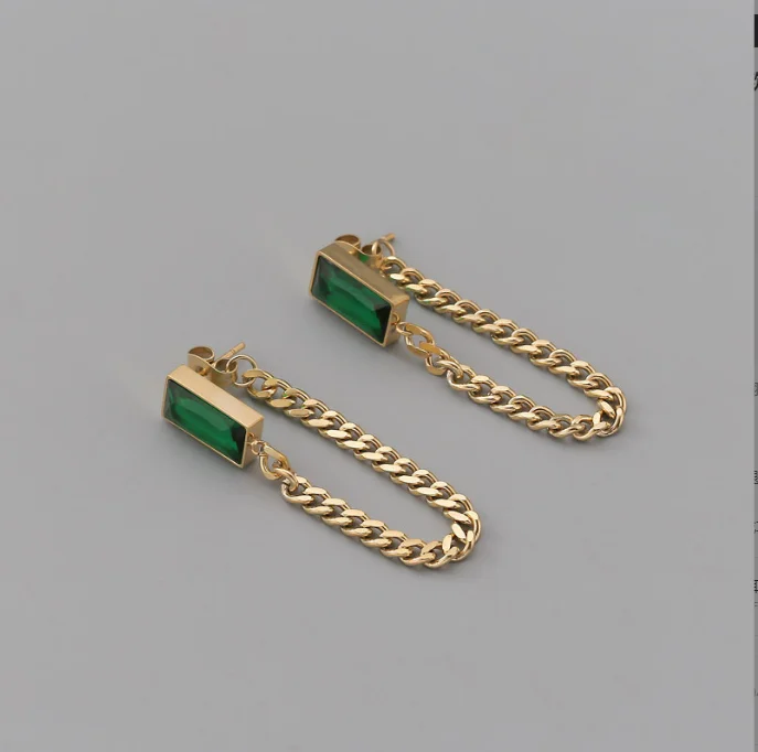 luxury women jewelry earrings stainless steel chain earrings 18k gold plated square Emerald diamond earrings wholesale
