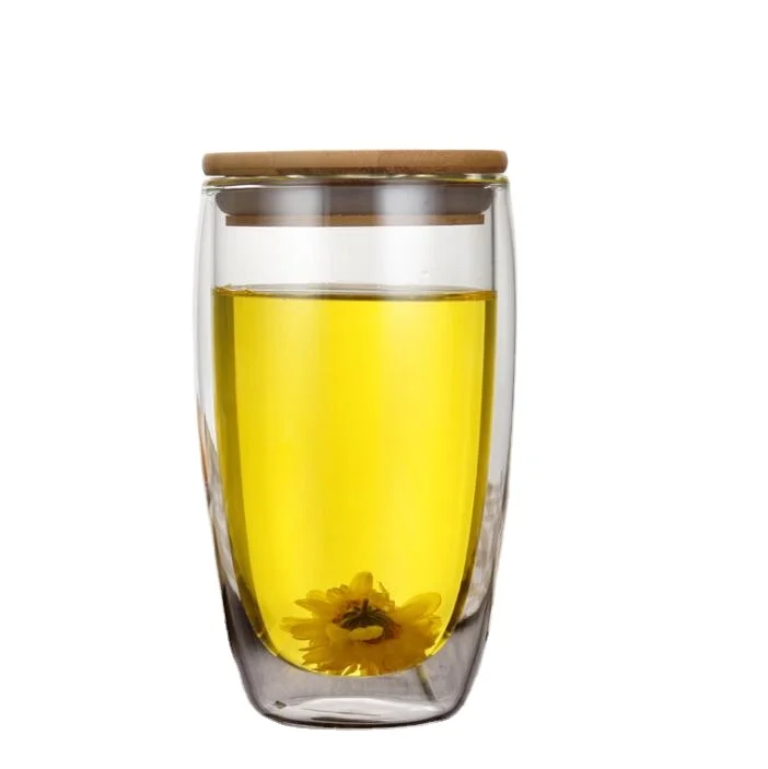 High borosilicate heat-resistant glass water cup with bamboo cover double drink milk cup insulated glass coffee cup