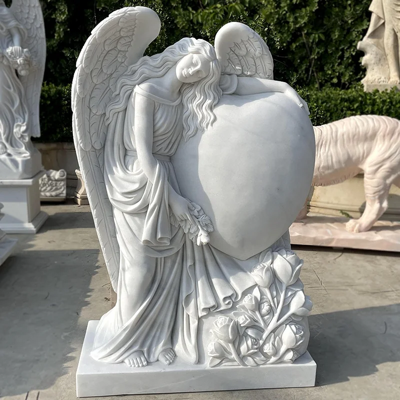 Customized Cemetery White Marble Hand Carved Angel Statue Tombstone For Sale