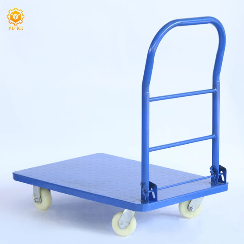 Supermarket store unloading four wheels metal flat cart trolley for drinks