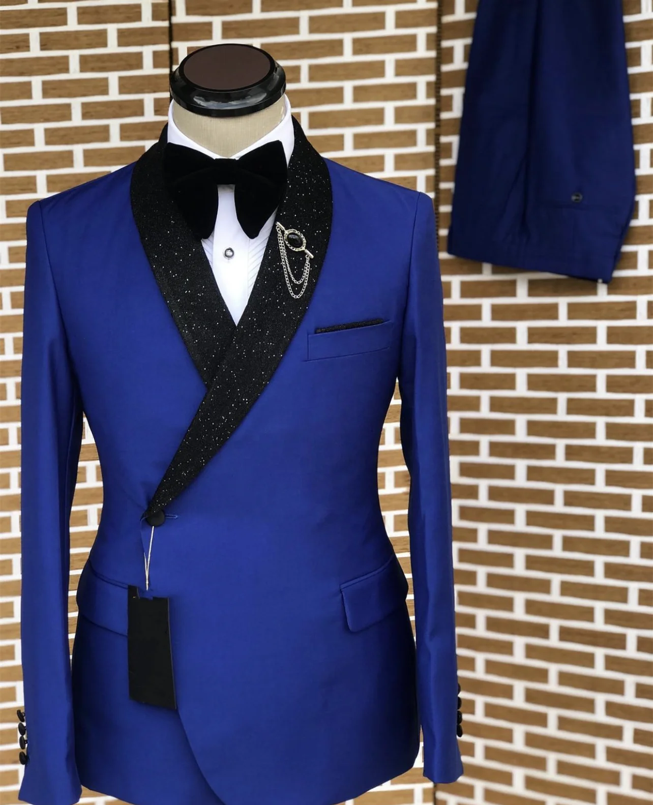 Shiny Black Collar Royal Blue Navy Men Suits Regular Fit 2 Piece Latest Design Wedding Suit For Men Blazer Sets Groom Tuxedo