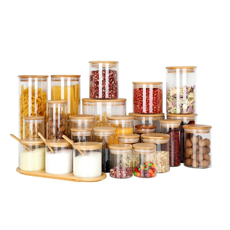Wholesale high borosilicate glass jar food storage bottles with  bamboo lid