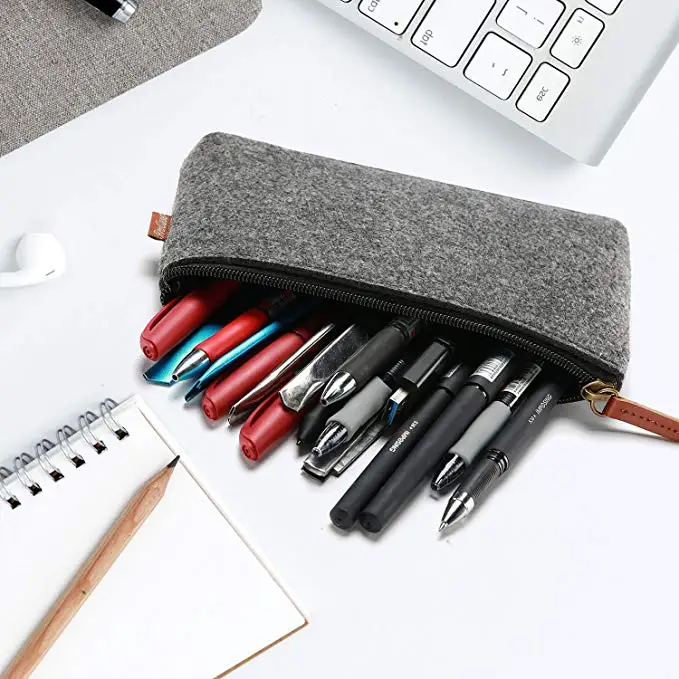 Heli Custom Dark Gray Students Stationery Felt Zipper Pencil Case Pen Bag