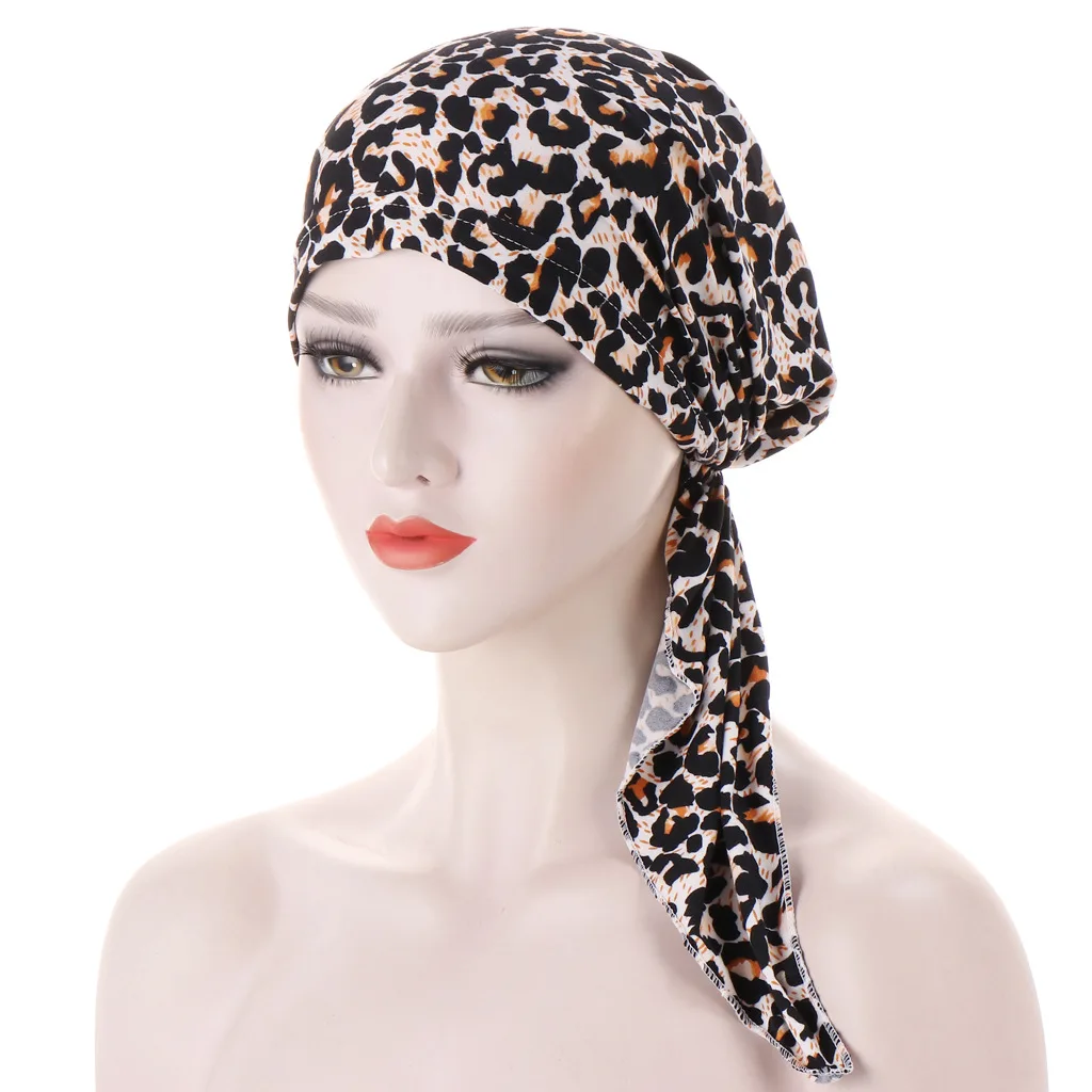 Long-tailed hat Leopard print turban hat for woman Headscarf For Muslim kerchief cap chemotherapy hat
