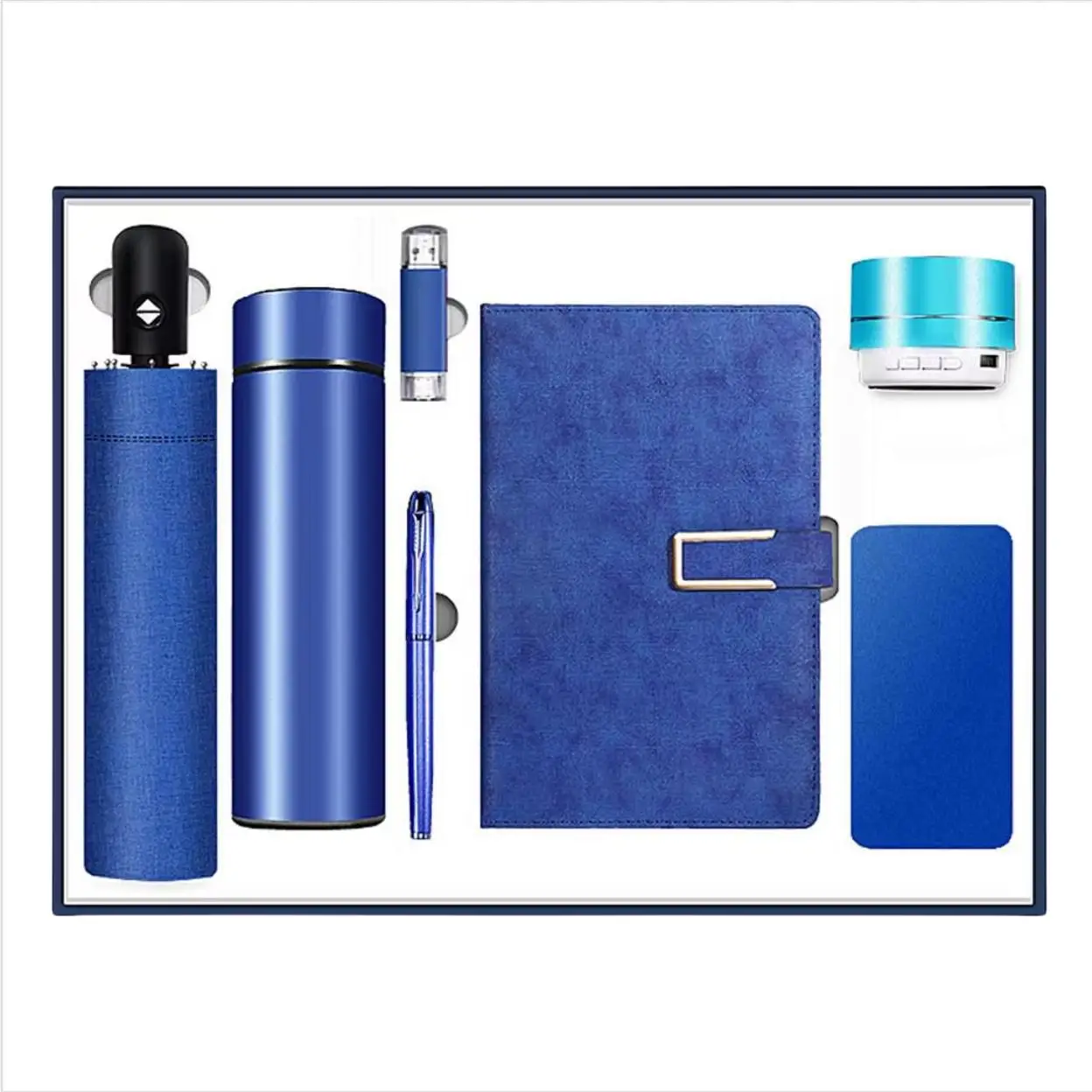 Promotional Hot selling 7 Pcs Plain Notebook Vaccum Flask Power Bank Speaker Umbrella Luxury Business Gifts Set