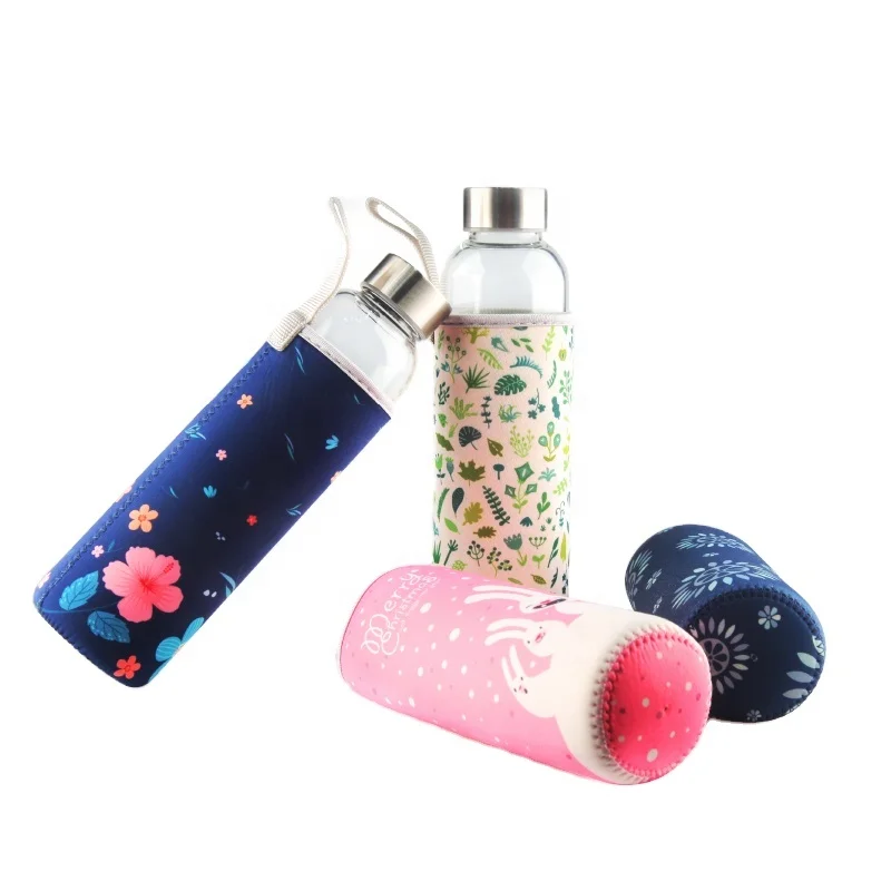 Customized design fun&cute borosilicate glass water bottle with sleeve leakproof stainless steel lid glass water bottle