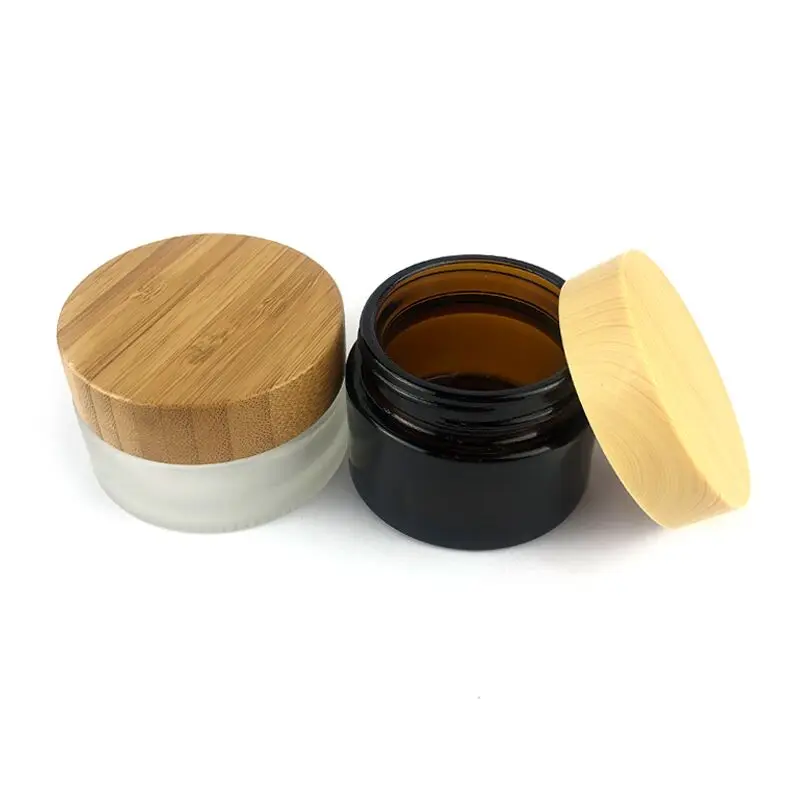 Empty Clear Cream Cosmetic 60ml 200ml Wooden Lid  Black Glass Jar 30g Round Amber Glass Jar With Bamboo Lid