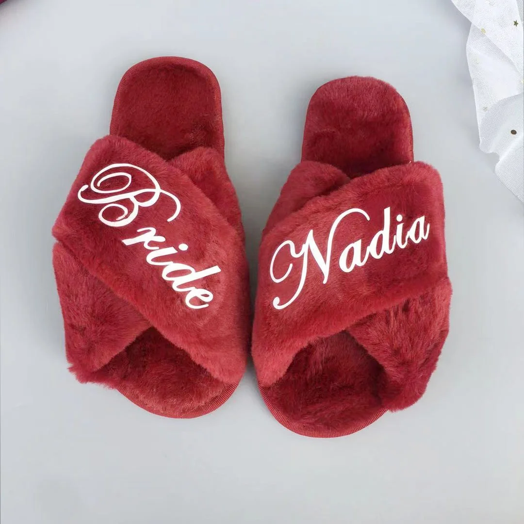 Customized Glitter Text  Plush Flurry Slippers For Wedding Bride Bridesmaid Proposal