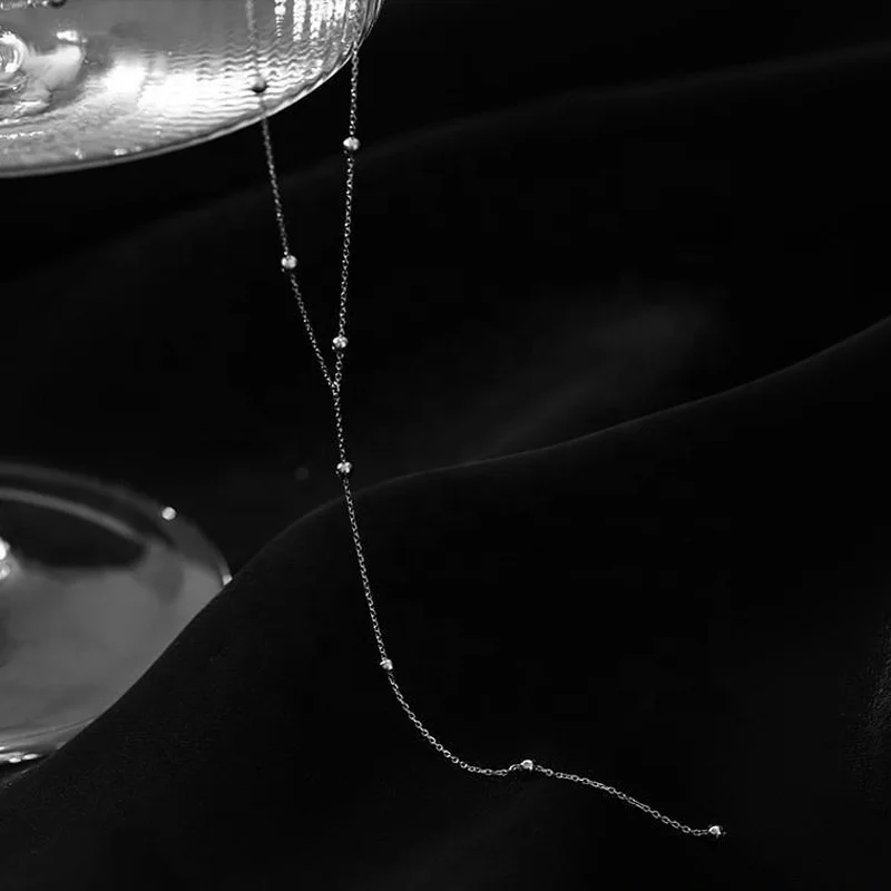 18k gold Simple round bead long chain necklace low-cut sexy cold wind collarbone chain light luxury niche design necklace