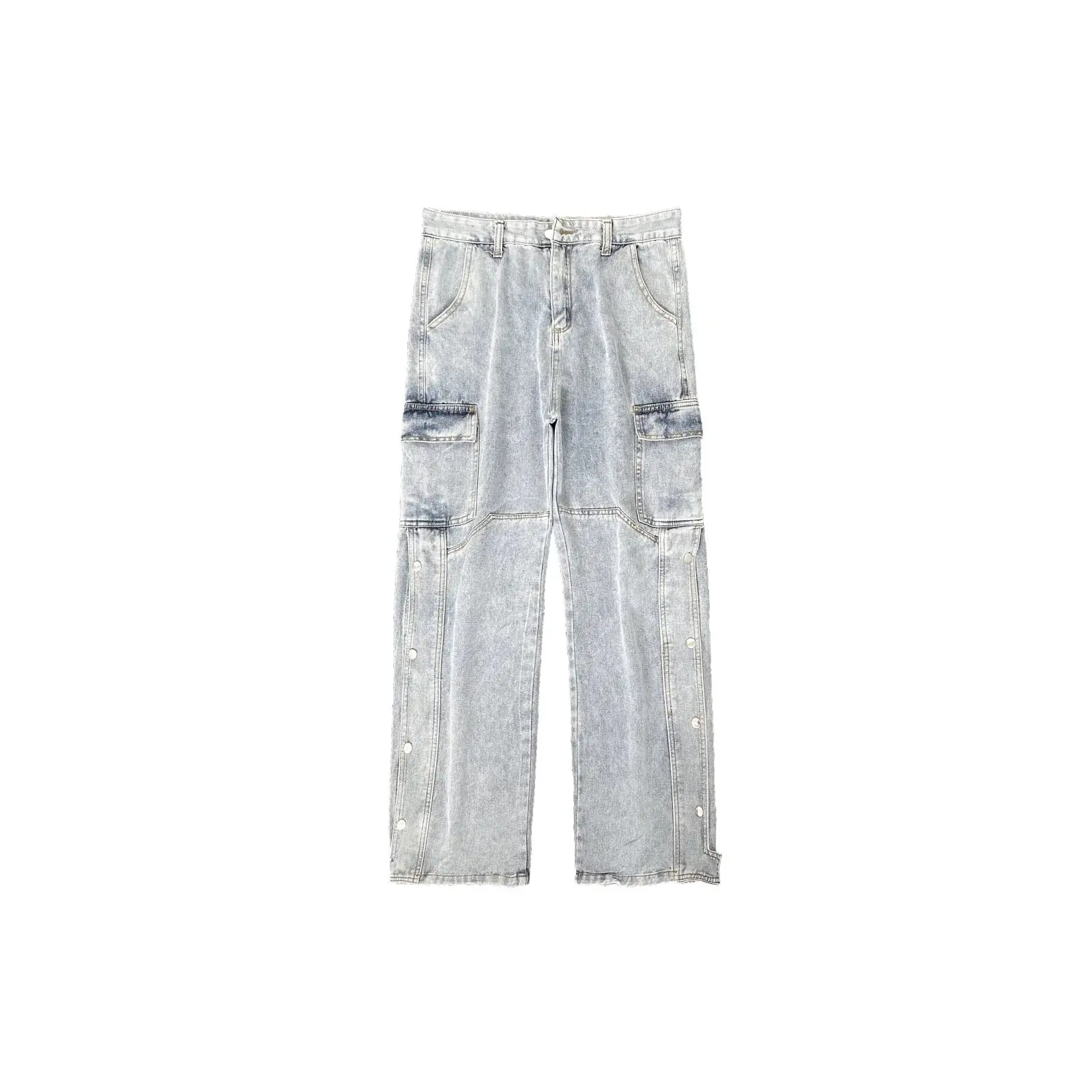High Street Style Denim Cargo With Side Pocket Jeans Vintage Straight Wide Leg Jeans Loose Jeans