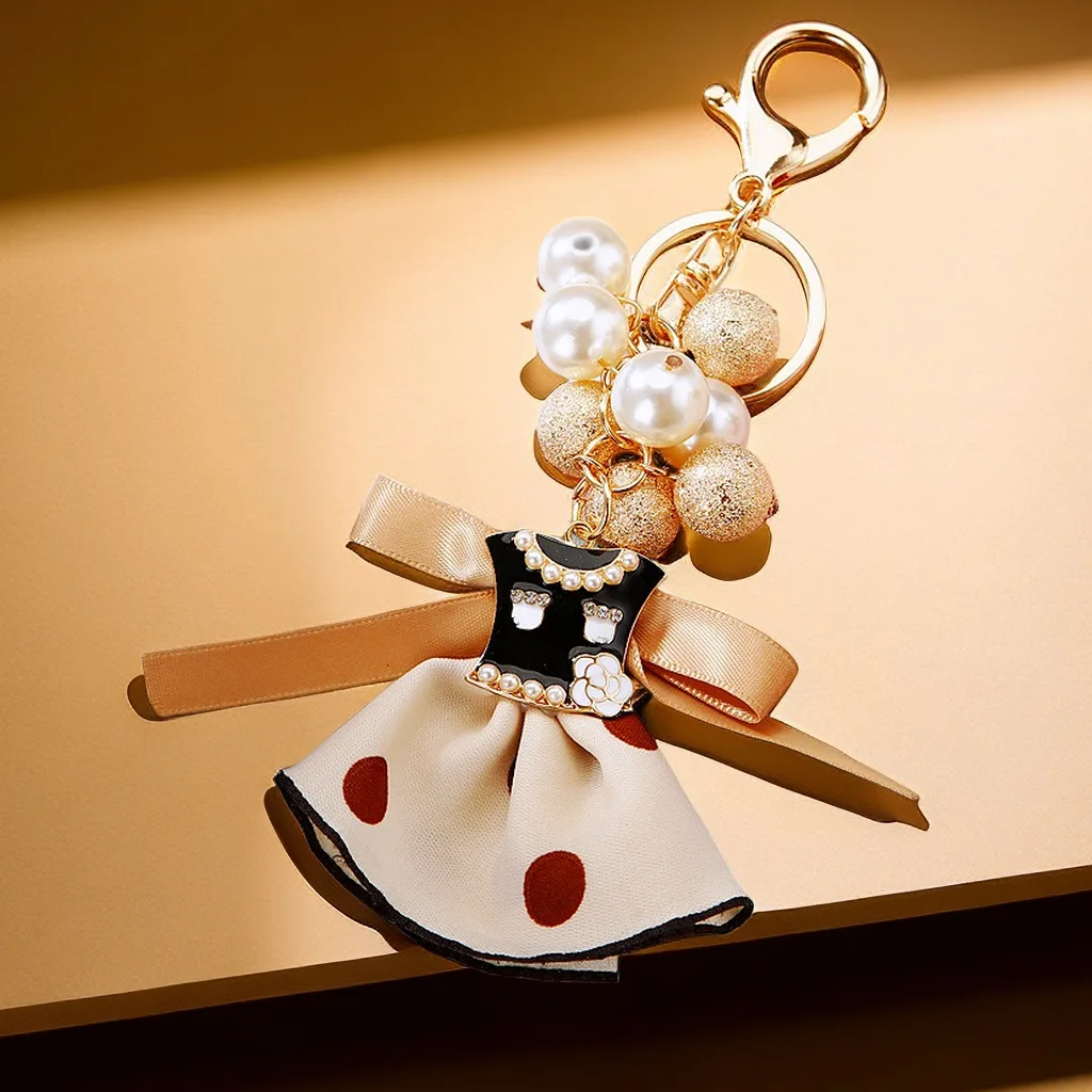 Cute Gift Black Skirt keychain Pearl Beads Wrist straps Dress key chains Ladies Bag Charm Pendant Pearl Key Rings Women Keychain
