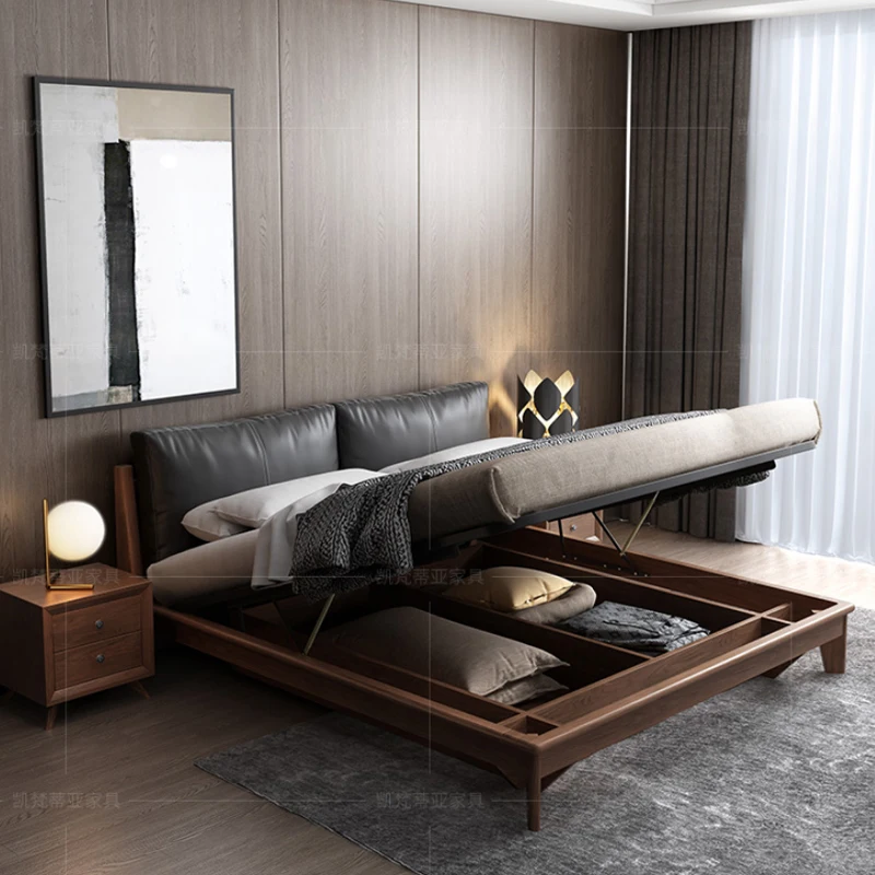 Solid Wood Bed 1.8m 1.5m Modern Simple Wedding Bed Soft Air Pressure Storage High Box Storage Bed