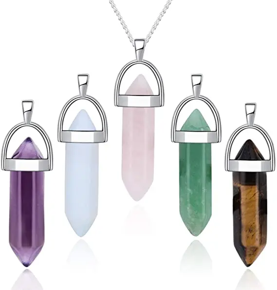 Multi Color Natural Stone Healing Crystal Quartz Stone Hexagonal Cone Agate Pendant Necklace For Gifts