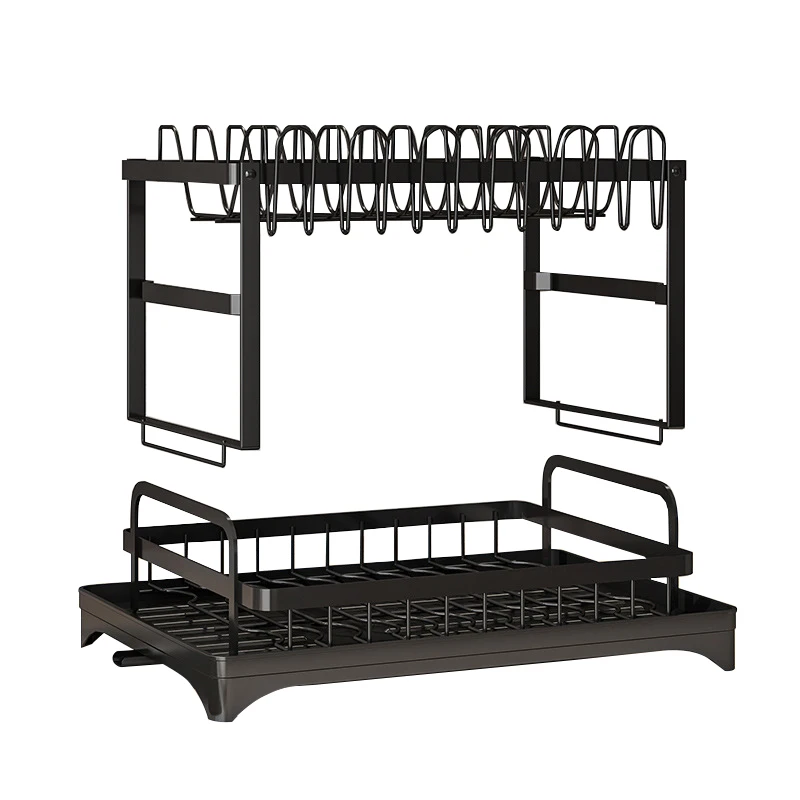 Kitchen Metal 2 Tier Dish Rack Drainboard Set Folding Drying Rack Drainer With Cutlery Drainer
