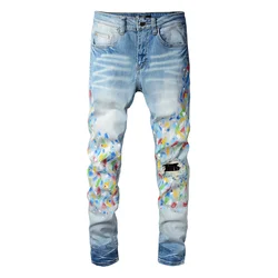 Rts For 827 Dropshipping wholesale streetwear ripped hole jeans boyfriend tapered damage blue destroy men jean