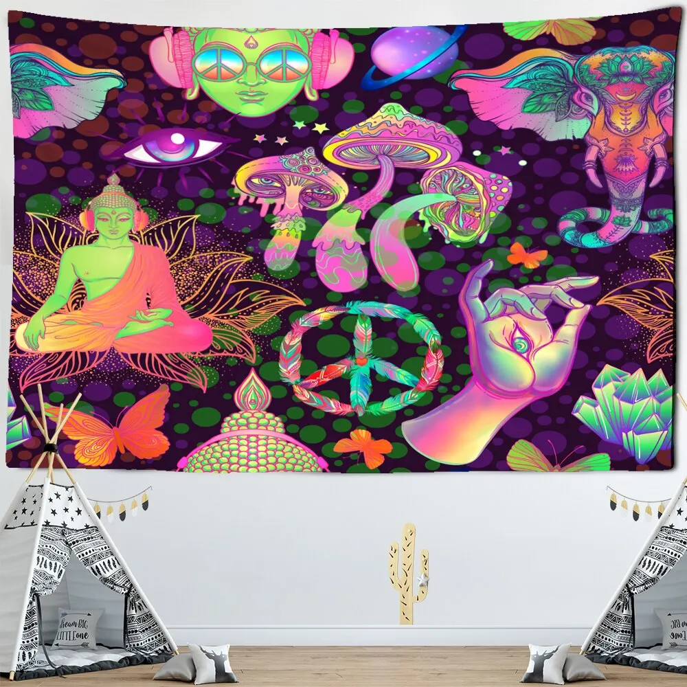Psychedelic Mushroom Mandala Tapestry Wall Hanging Bohemian Gypsy  Witchcraft Tapestry