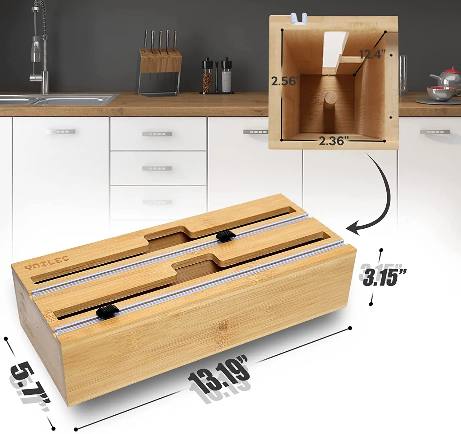 2 in 1 Kitchen Bamboo Wood Tin Foil Wax Paper and Plastic Saran Cling Wrap Organizer Dispenser Holder with Cutter for Drawer