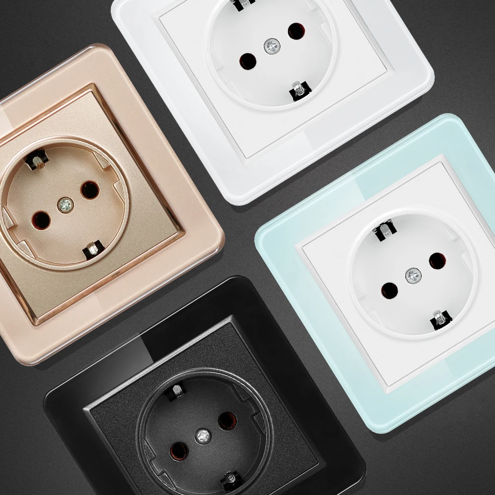 Smartdust European French 16A Plug Grounding Waterproof Tempered Crystal Glass Panel Outlet Schuko Wall Socket With Cover