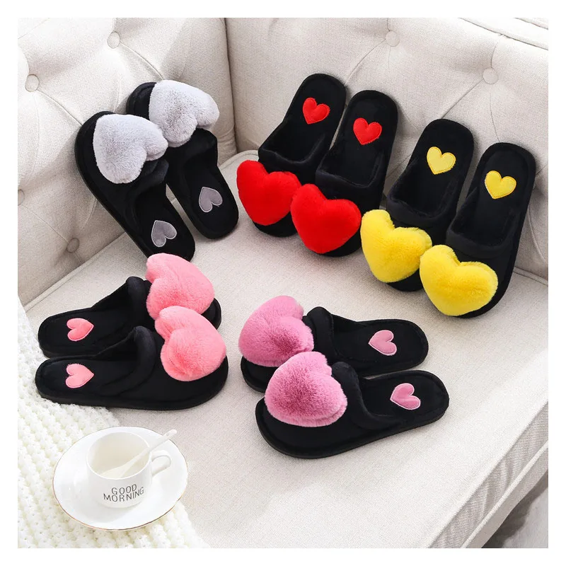 Cute Heart Slippers For Women Fashion Fluffy Winter Warm Slippers Woman Lovely Red Heart House Slippers Funny Shoes