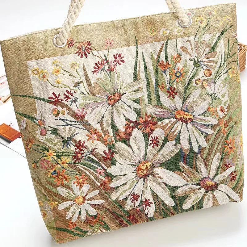 New retro durable daisy handbag double-sided embroidered thick rope handle comfortable tote bag