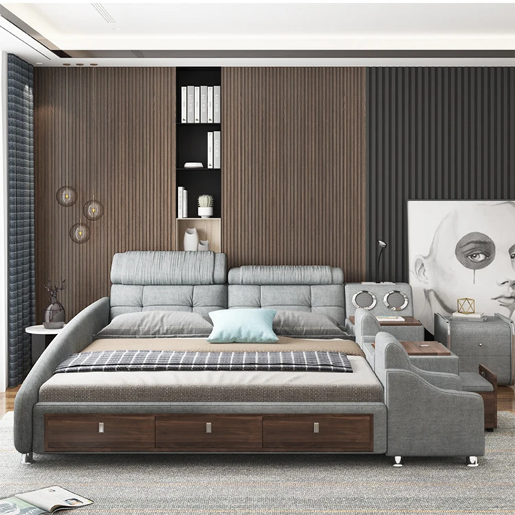 Cotton And Linen Fabric Smart Bed Modern Pine Frame Multifunction Bed Bedroom Furniture