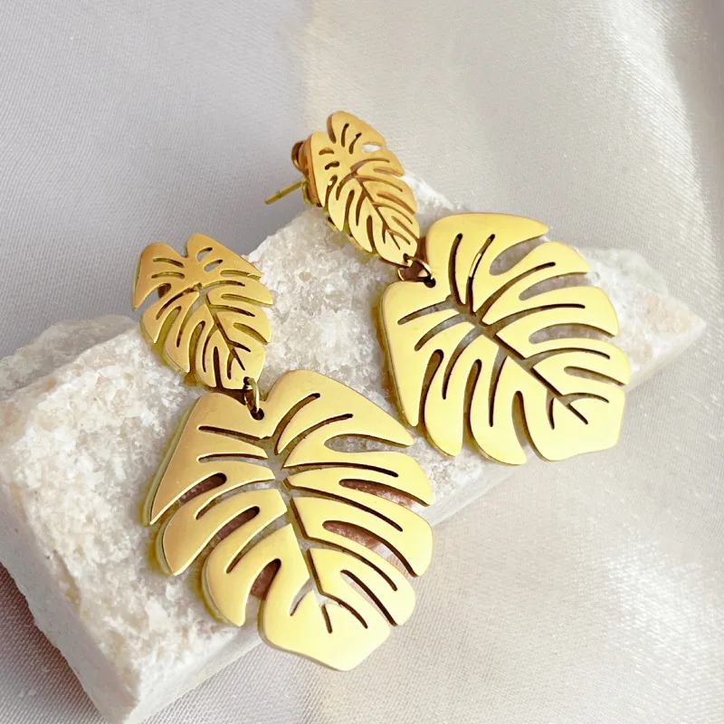 Stainless Steel Gold Plated Green Palm Leaf Dangle Earrings Tropical Monstera Leaves Eardrop Bohemia Earrings AM1001018