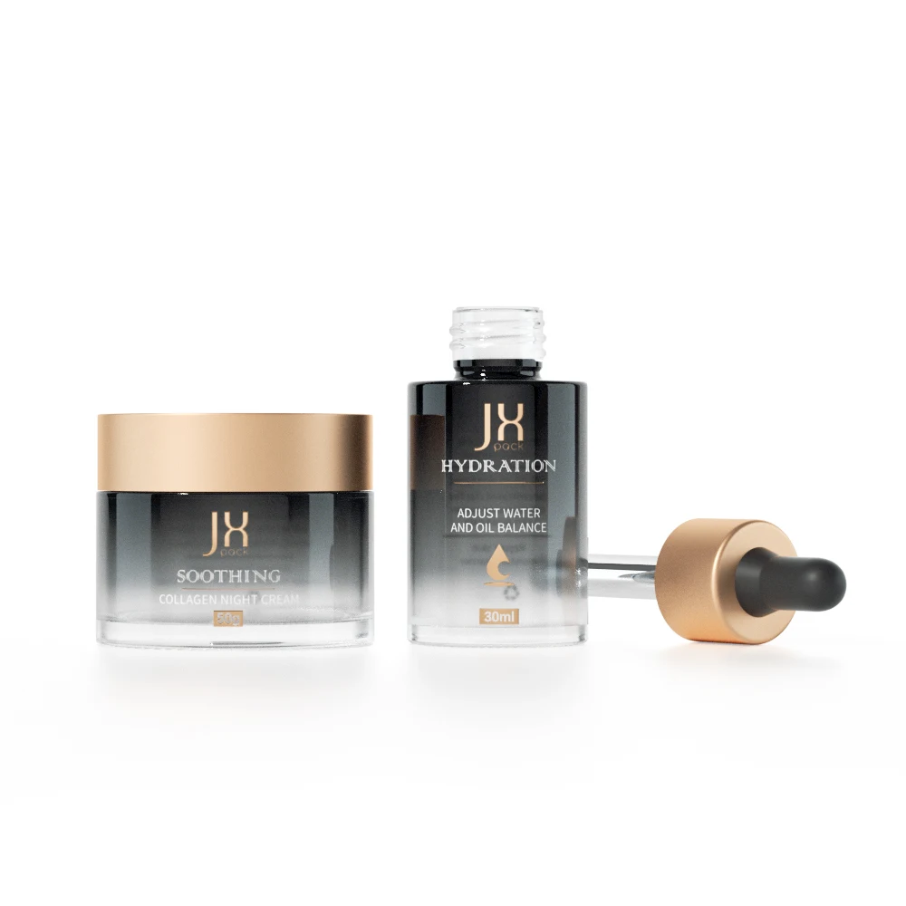 Black skincare packaging cosmetic bottle and jar round 50g glass face cream jar 30 ml hair oil serum dropper bottle