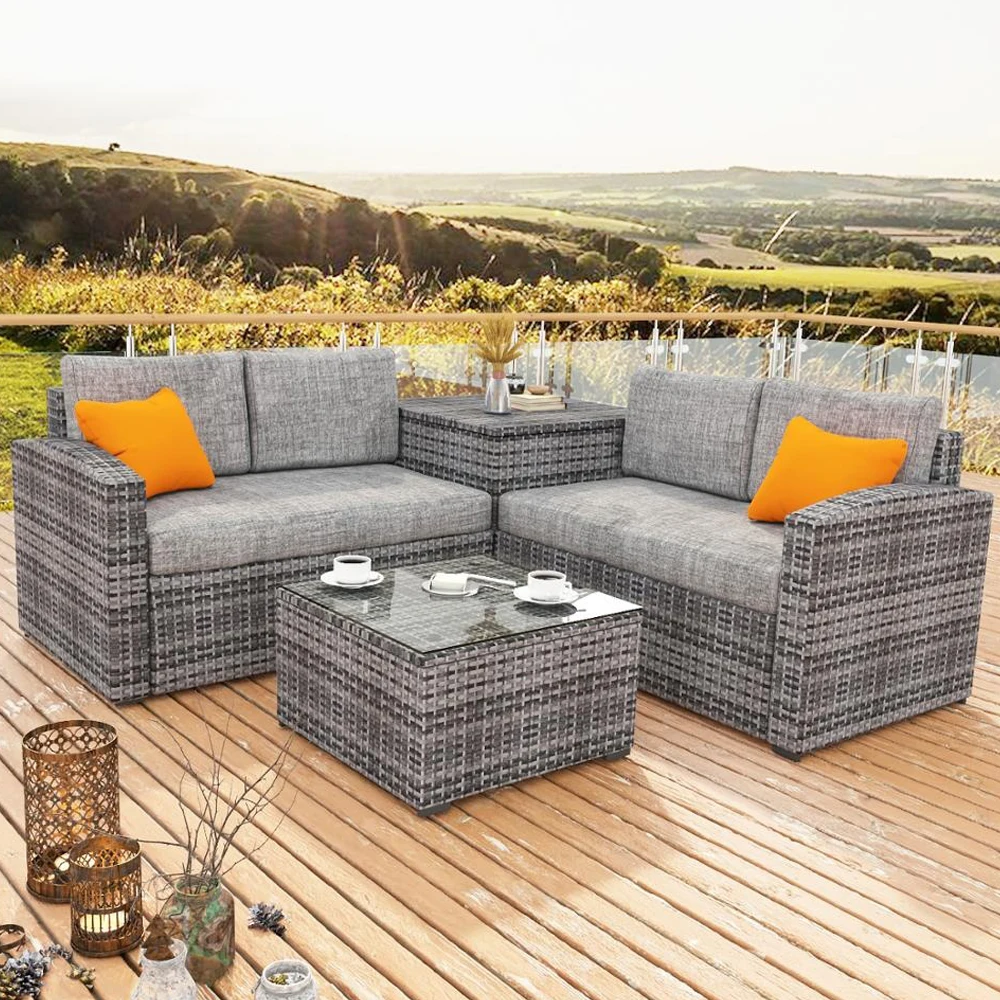 Modern Outdoor Rattan Furniture Set 4pcs Sectional Corner Sofa for Balcony and Garden Plastic Wicker Patio Set for Hotels