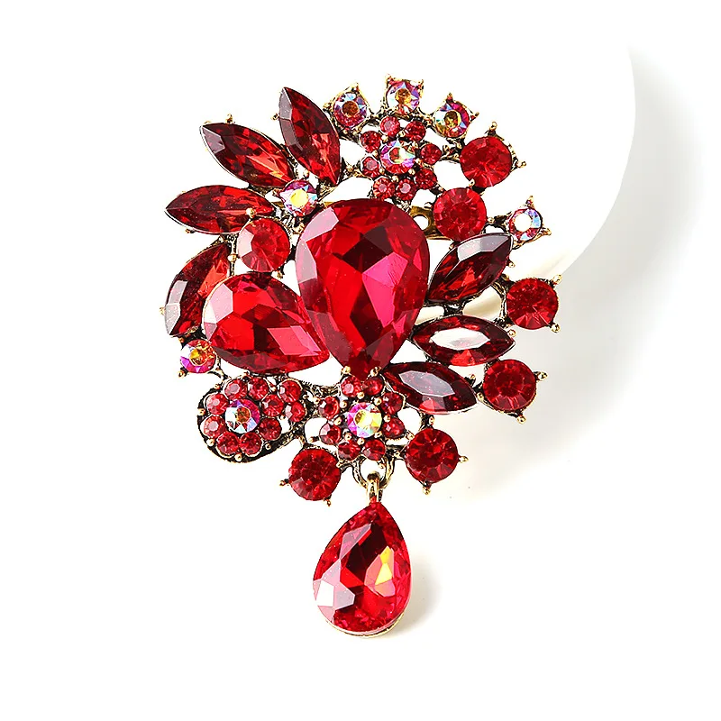 Custom Vintage Wedding Bride Big Blue Crystal Drop Colorful Flower Rhinestone Teardrop Brooch for Woman