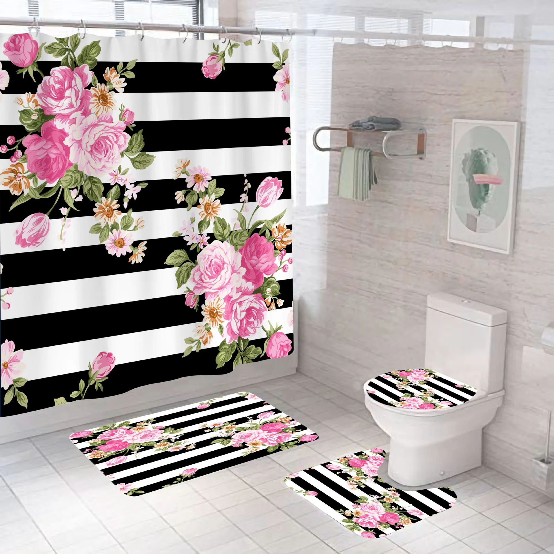 
Black Striped Rose Shower Curtain For Bathroom Flowers On Vintage Background Floral Pattern Bathroom Accessories 